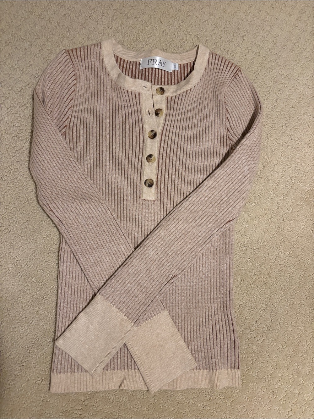 Fray Ribbed Henley Sweater in Light Beige